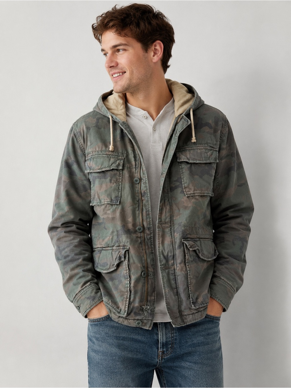 American Eagle Camo Hooded Camp Jacket Men’s Size M Sherpa Lined Utility Coat